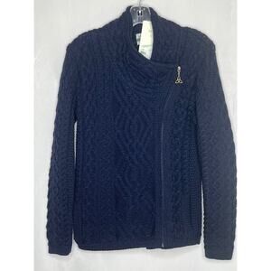 Arancrafts Merino Wool Ireland cableknit side zip cardigan navy blue women small